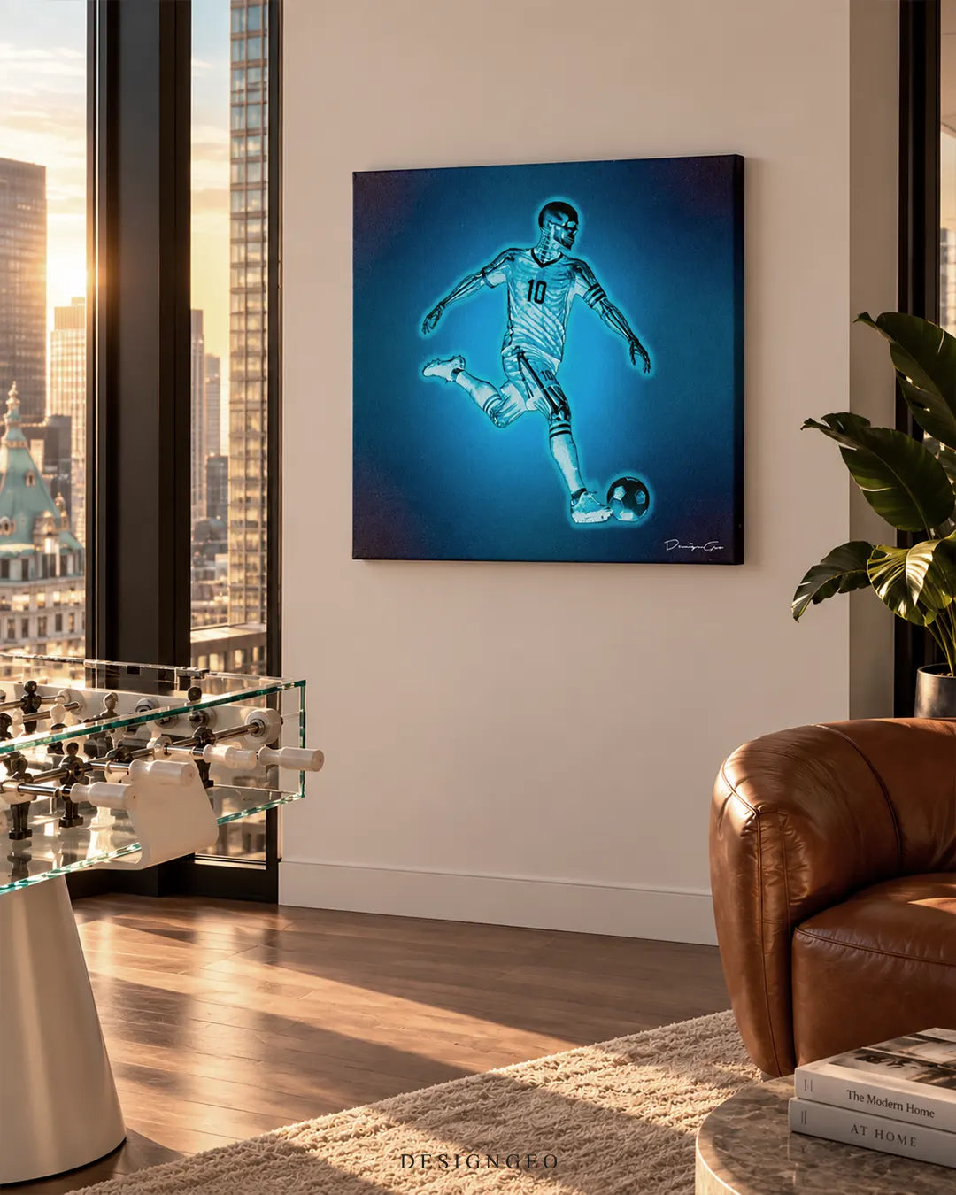 Square dark blue canvas print featuring a glowing cyan X-ray view of a soccer player wearing number 10 kicking a ball mounted on a white wall in a modern apartment