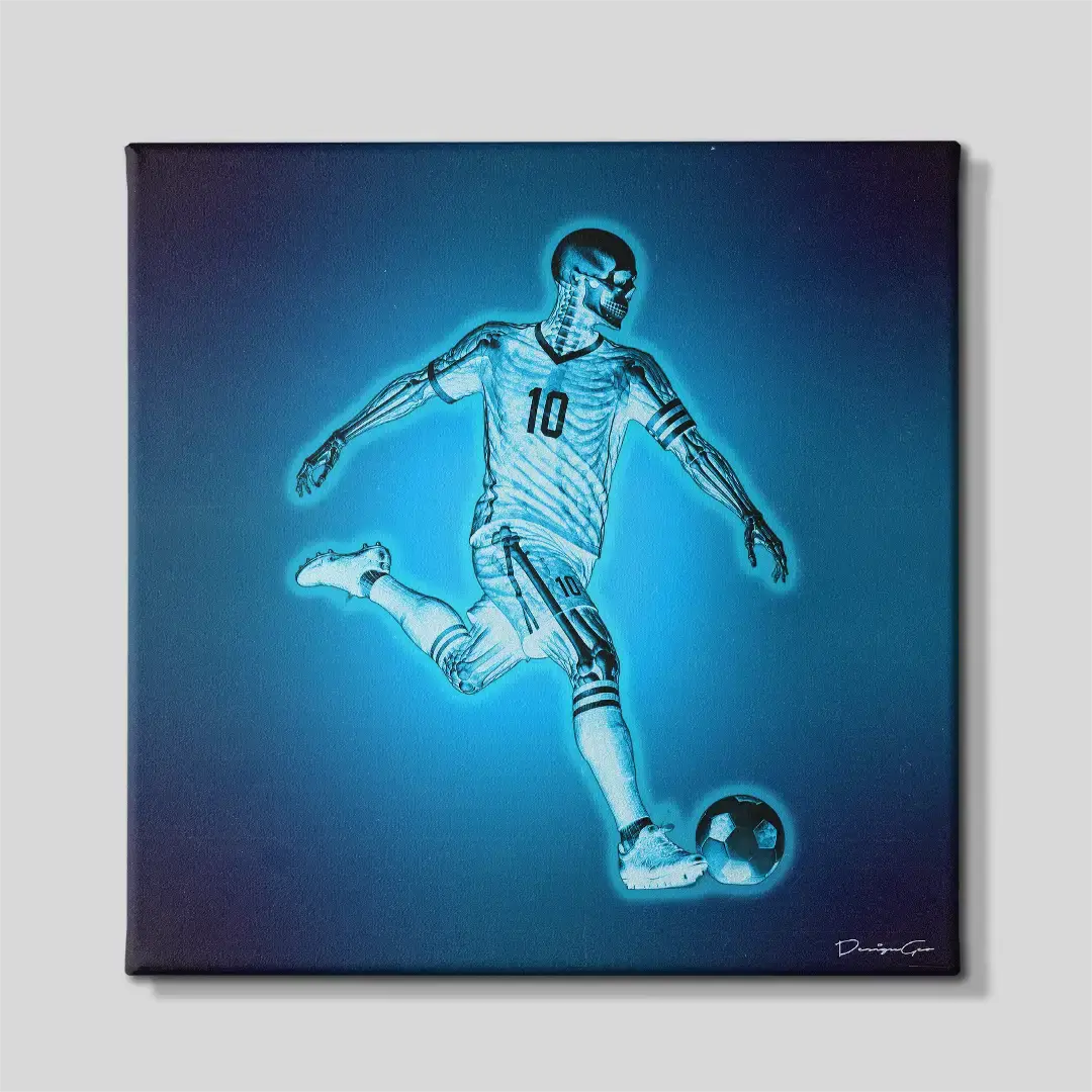 Front view of the "Soccer Player Anatomy" square canvas wall art displaying a neon blue x-ray skeleton football player mid-stride with a soccer ball on a dark background, ideal for gym or home decor