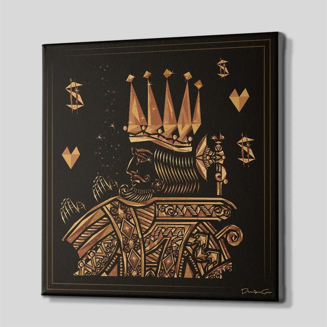 Side angle of the golden king geometric canvas print, highlighting the professional gallery wrap finish and the 3D depth of the wooden frame
