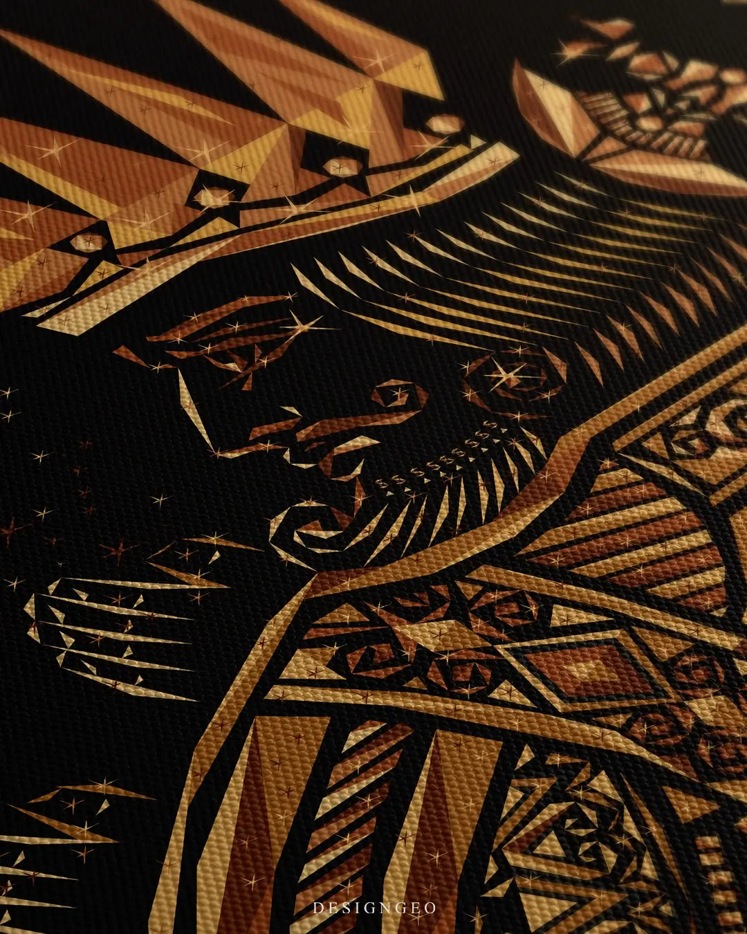 Close-up of a geometric gold king canvas print showing sharp polygonal lines, metallic textures, and a solid black background