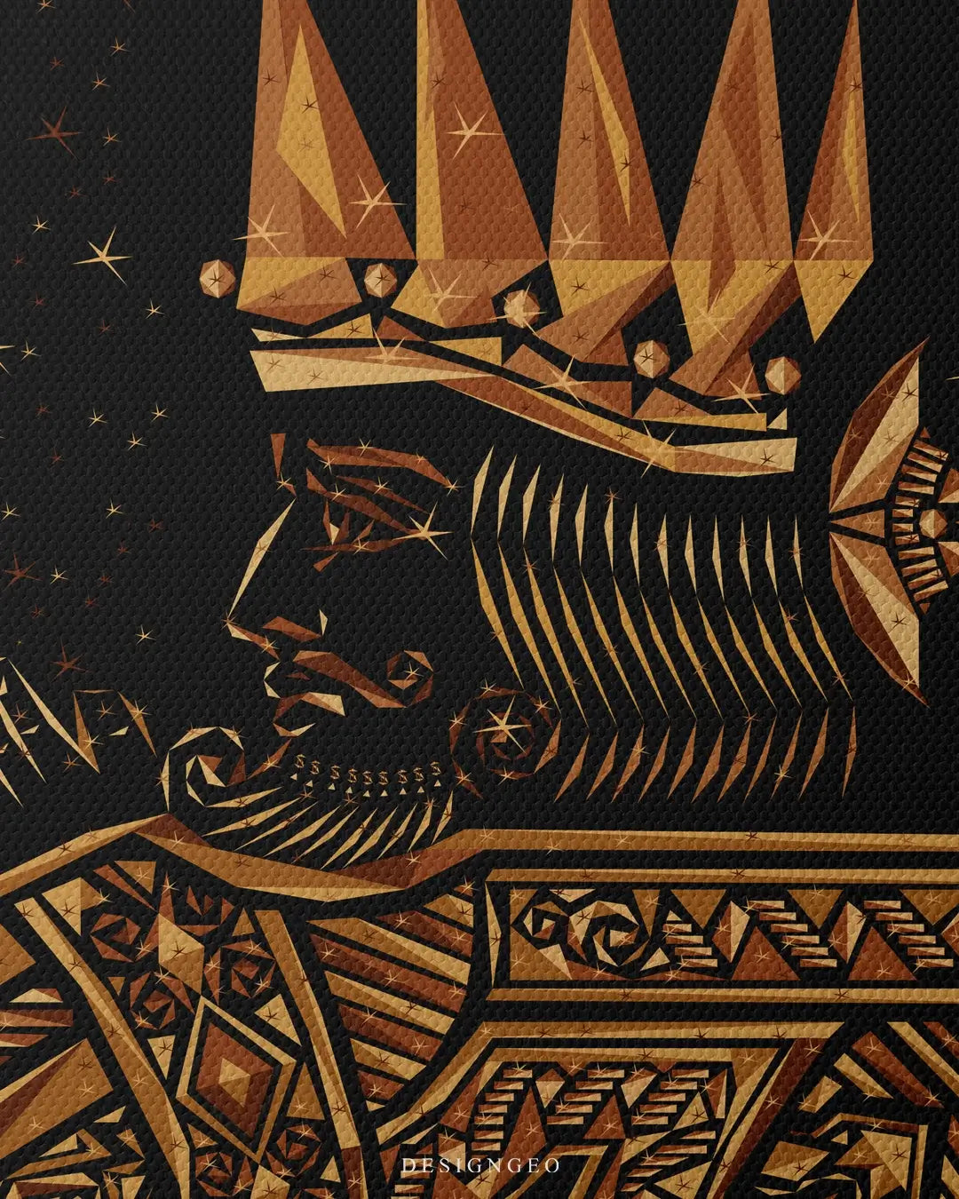 Modern geometric illustration of a golden king with a crown, symbolizing abundance and success in a sophisticated minimal art style