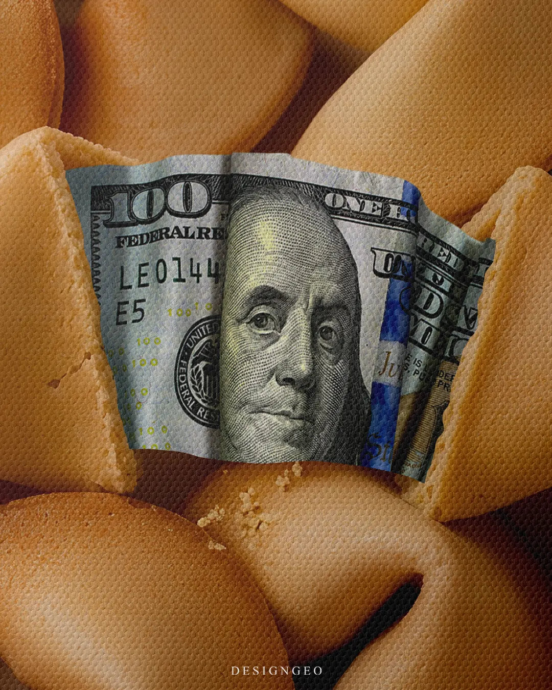 Vertical macro view detailing the fine canvas texture, broken golden fortune cookie shell, and realistic hundred dollar bill print