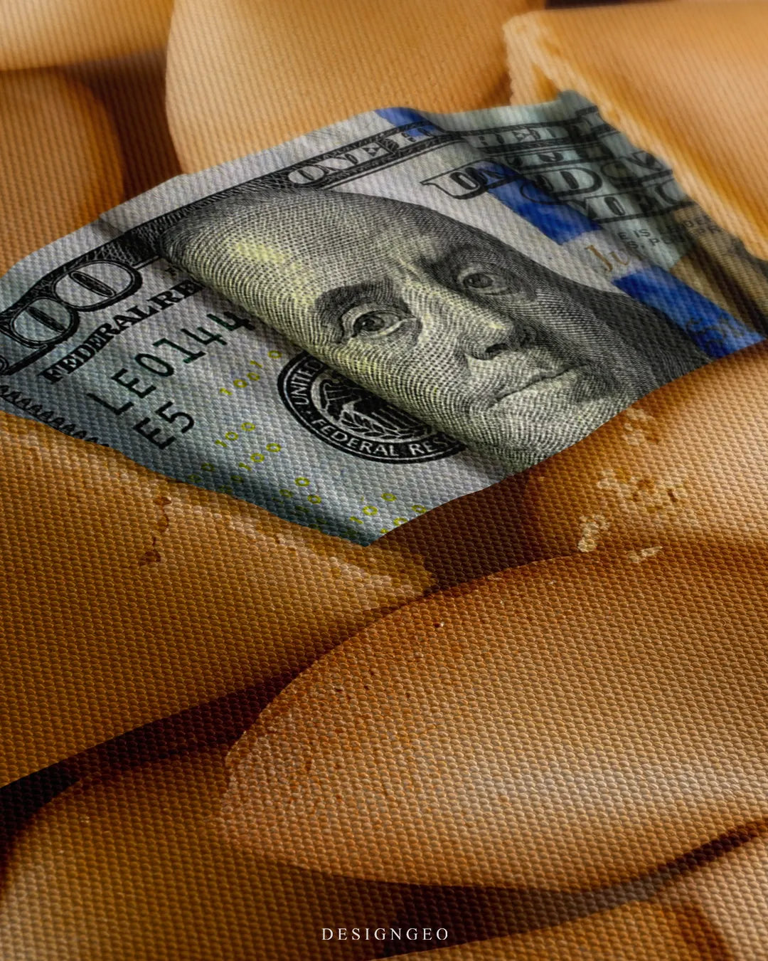 Angled close-up shot highlighting the detailed canvas weave, crisp Benjamin Franklin portrait on the dollar bill, and cookie crumbs