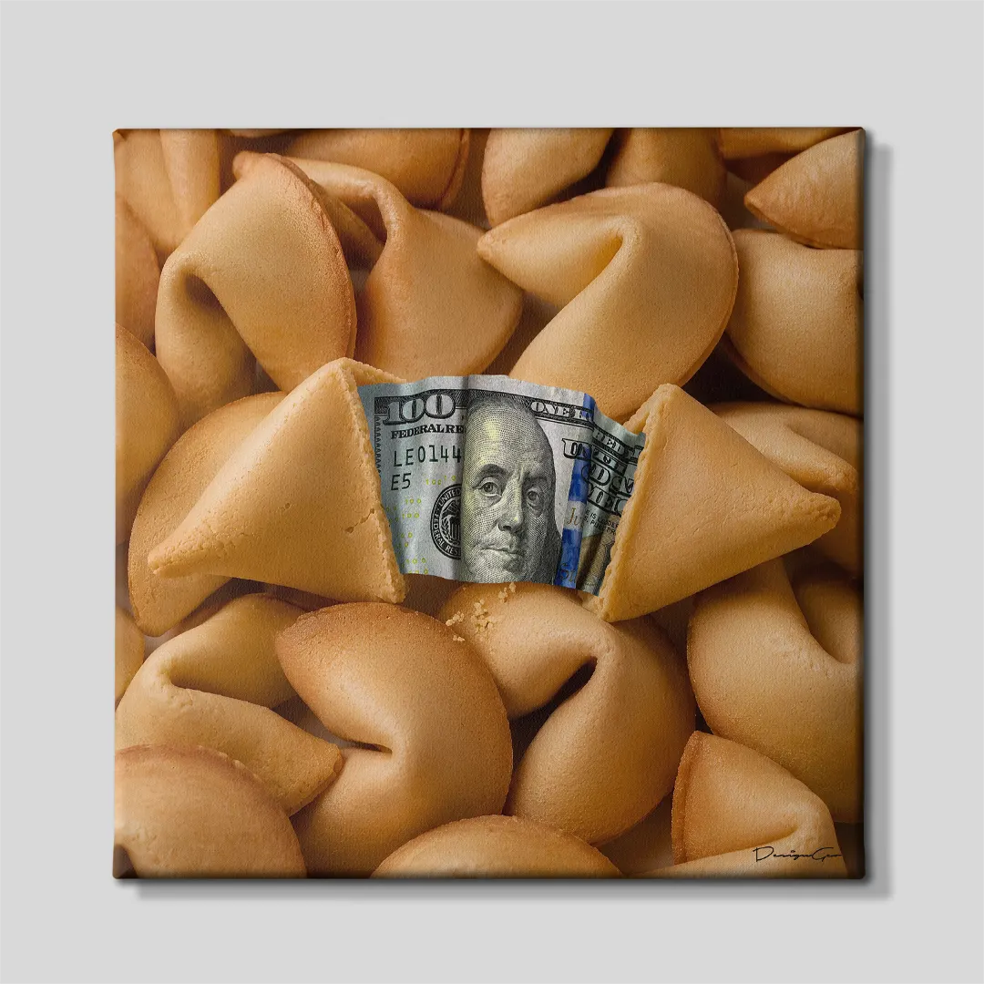 Front view of a square canvas print displaying a pile of golden fortune cookies with a broken center cookie revealing a 100 dollar bill