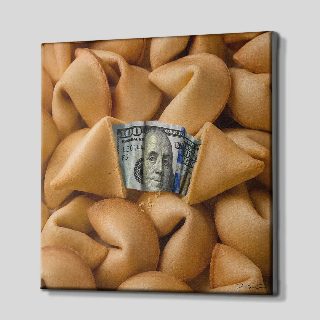 Three-quarter side angle of the square fortune cookie money canvas wall art, showing clean gallery-wrapped edges mounted on a wooden frame