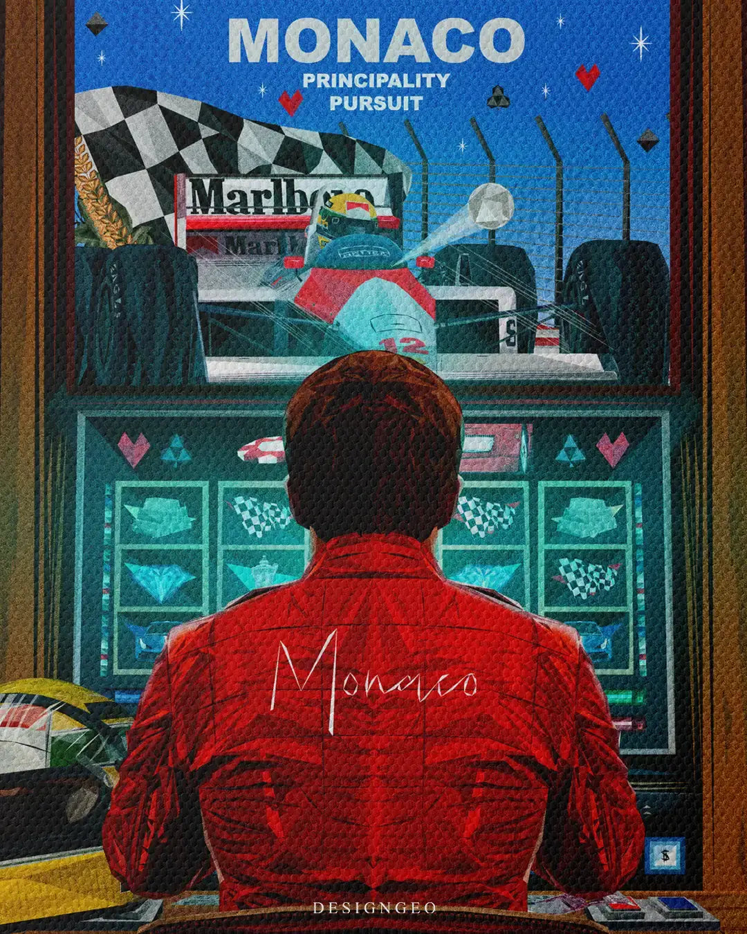 Close-up front view of the "Fortune Favors" art print, focusing on the pilot's red suit, the yellow racing helmet on the side, and the detailed vintage retro F1 slot machine screen