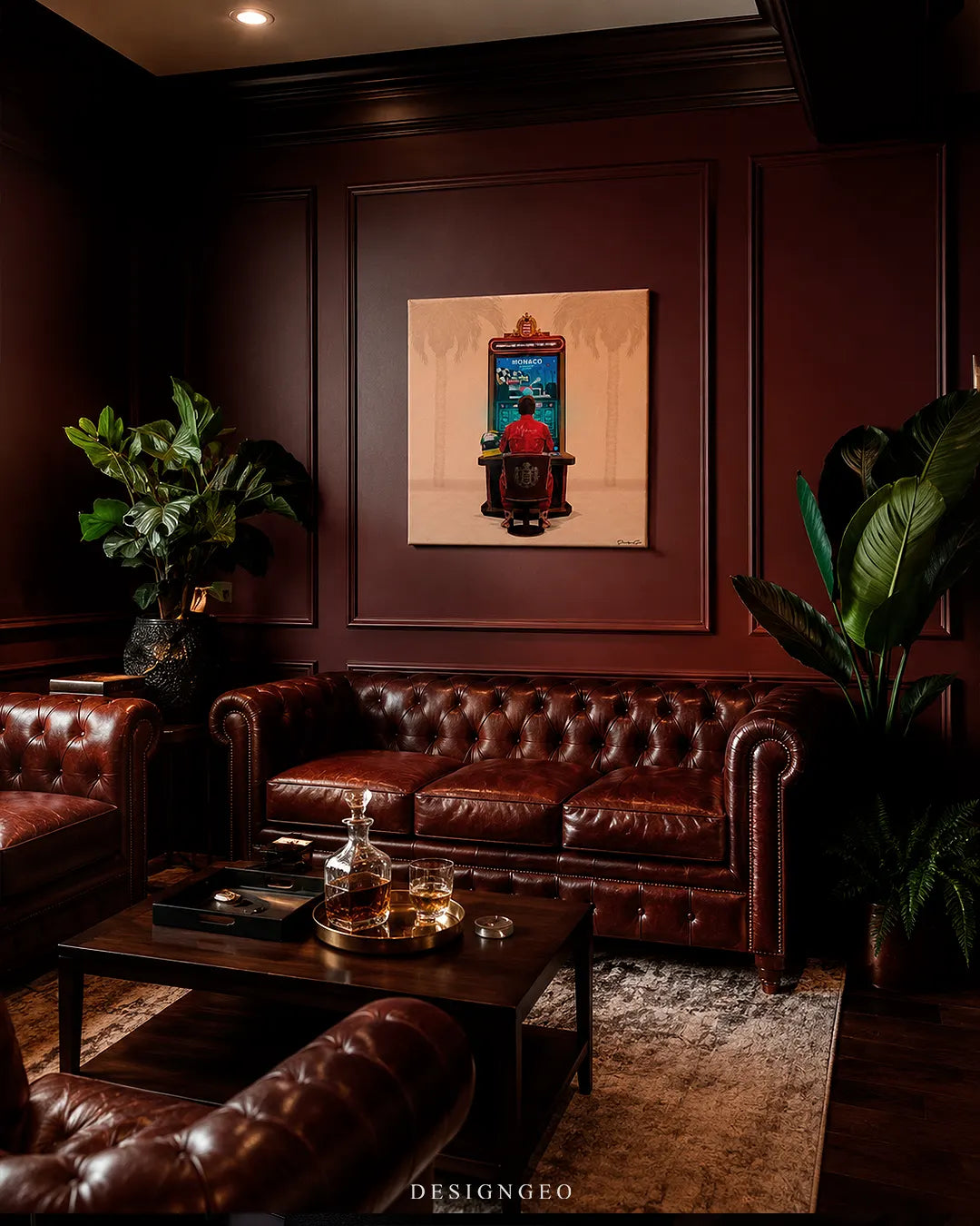 Square F1 driver casino slot machine canvas wall art mounted on a deep burgundy wainscoted wall above a brown leather Chesterfield sofa and dark wood coffee table