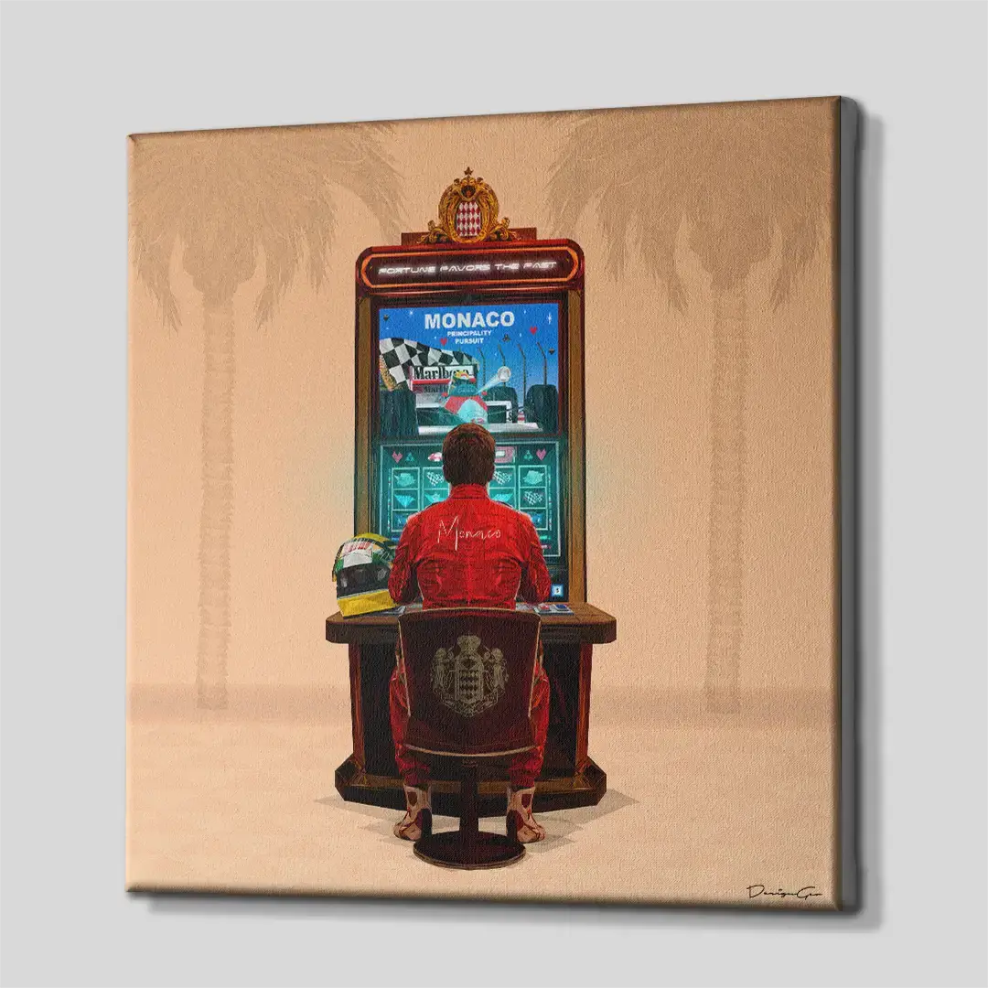 Side perspective of the contemporary Monaco pilot casino canvas print, demonstrating the precise gallery wrap edges and thick 3D frame structure suitable for luxury interior design