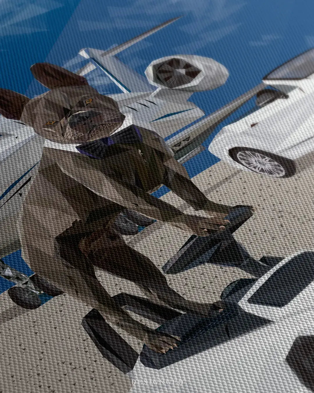 Close-up of French Bulldog canvas wall art showing a black Frenchie driving a white luxury convertible with high-gloss textures and vibrant details