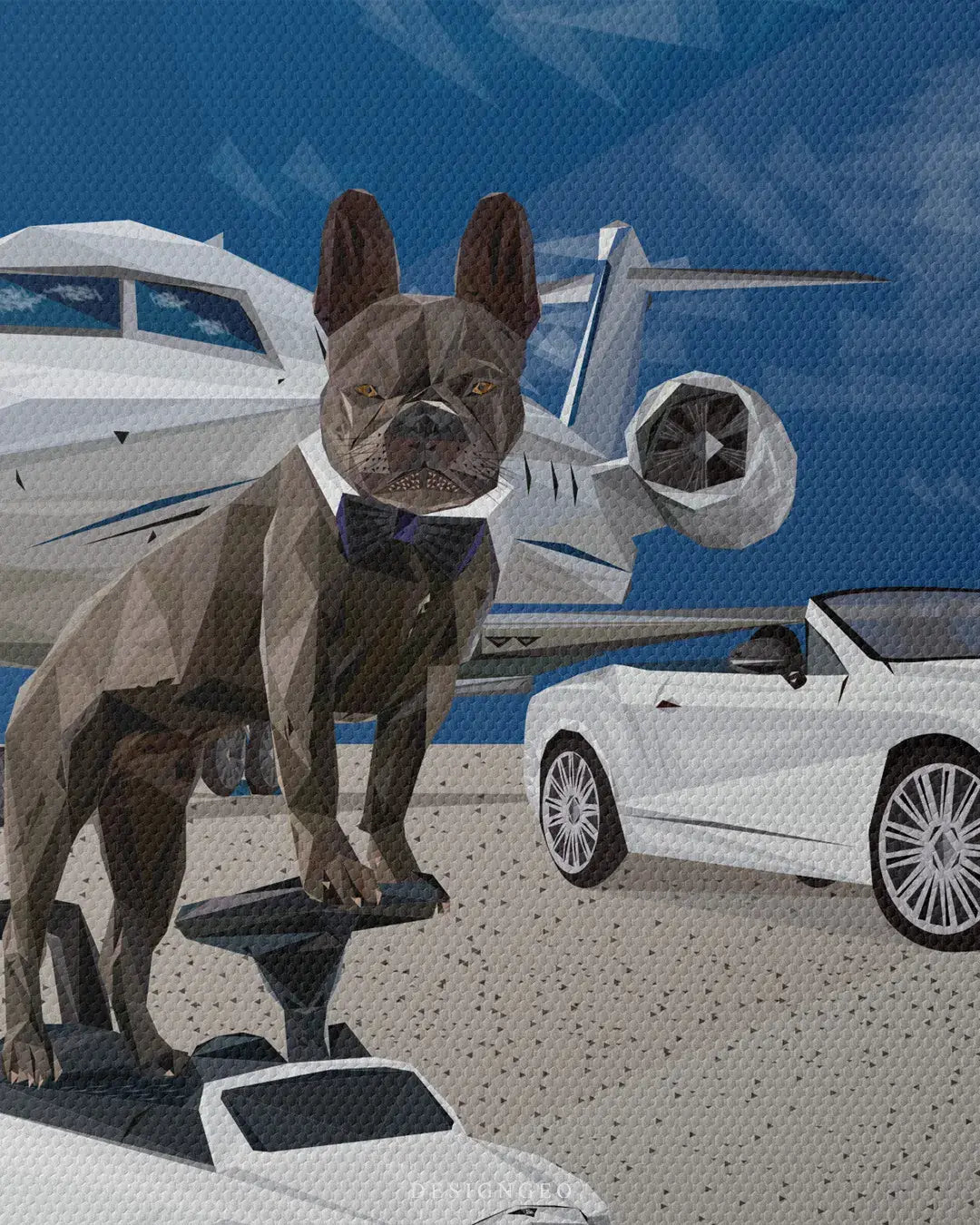 Pop art illustration of a black French Bulldog in a miniature white sports car on an airport runway with a private jet and sunset background