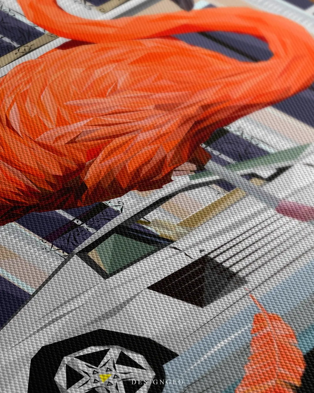 Close-up of modern motivational wall art featuring a realistic flamingo with exotic feathers on a minimalist urban luxury background