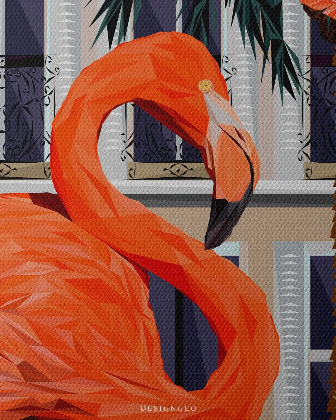 Artistic canvas illustration of a flamingo in full stride amidst French Riviera architecture, symbolizing elegance, unique presence, and the outlier mindset of modern visionaries