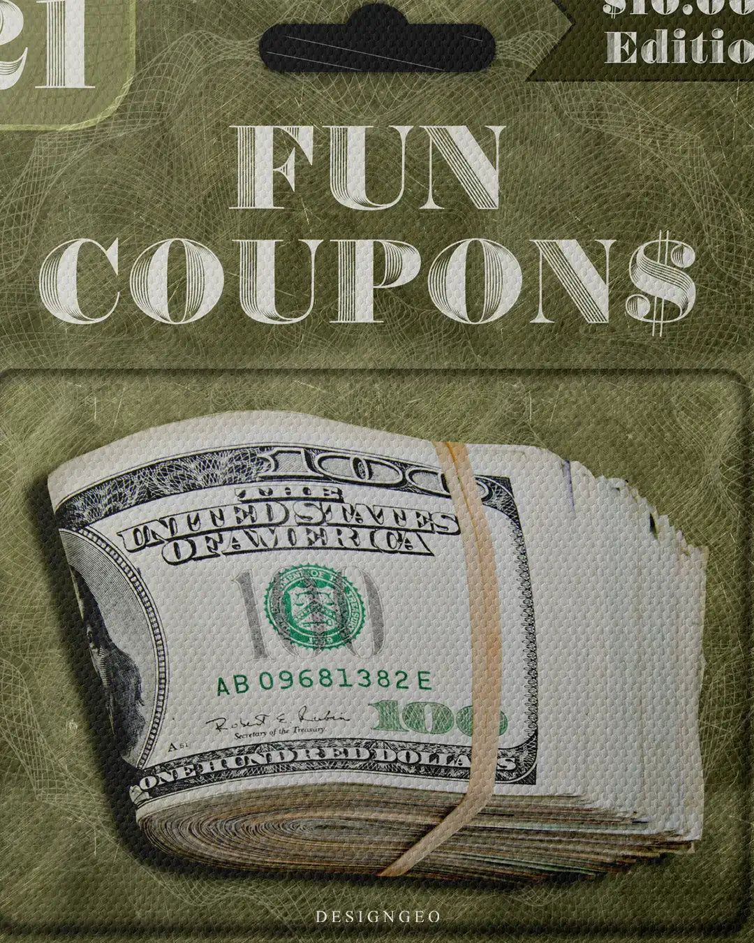 Detailed view of the "Fun Coupons" art, showcasing the dynamic motion of the money illustration and the clean, contemporary textures of the office-themed canvas