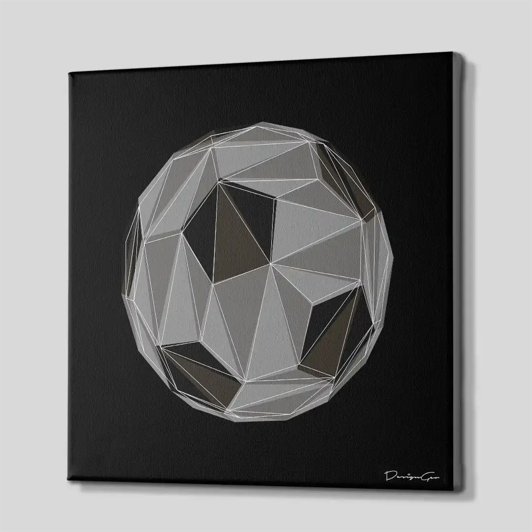 Side angle of the monochromatic minimalist soccer ball sports canvas print, highlighting the high-quality gallery wrap finish and professional 3D frame depth
