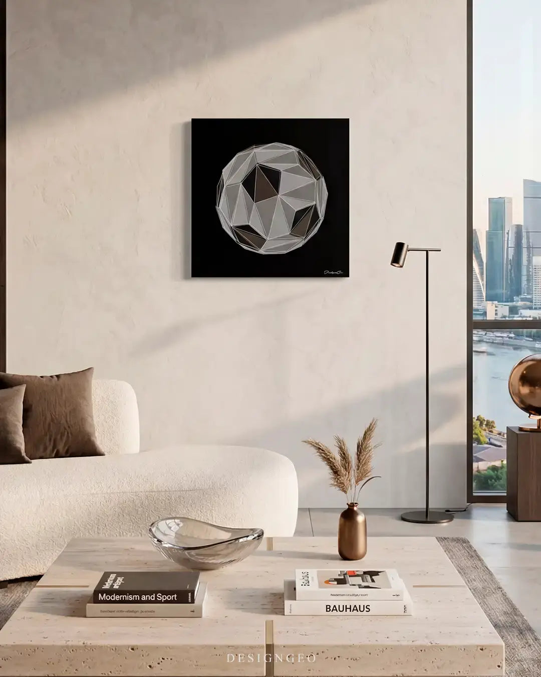 Modern livingroom interior displaying the minimalist Futbol square canvas print above a sofa, adding a sophisticated soccer sports aesthetic to home decor