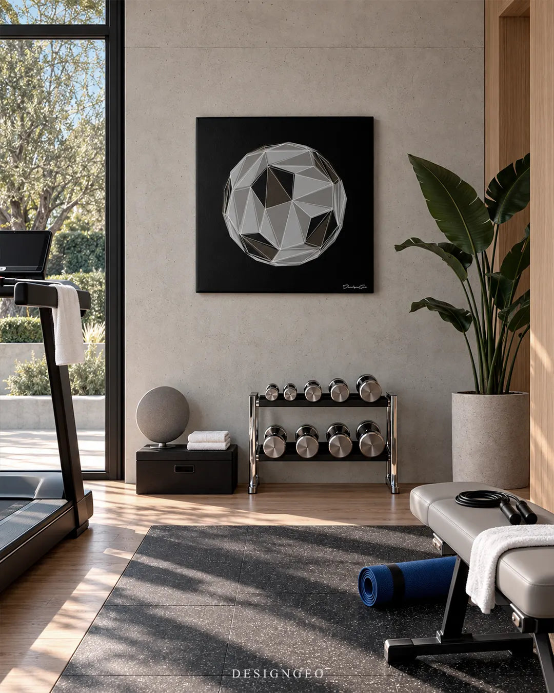 Square grey-scale geometric 3D soccer ball canvas wall art mounted on a concrete wall in a modern home gym above a chrome dumbbell rack with a treadmill and a weight bench nearby