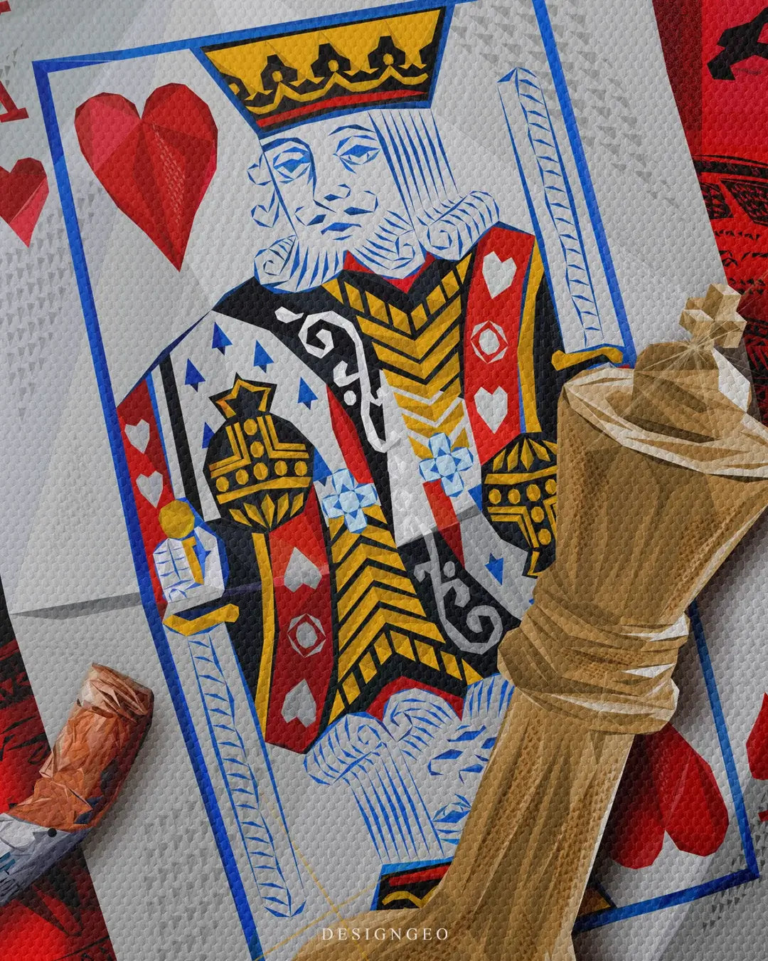Vibrant illustration on canvas featuring a composition of casino elements like cards, dice, and luxury game symbols over a deep red artistic backdrop
