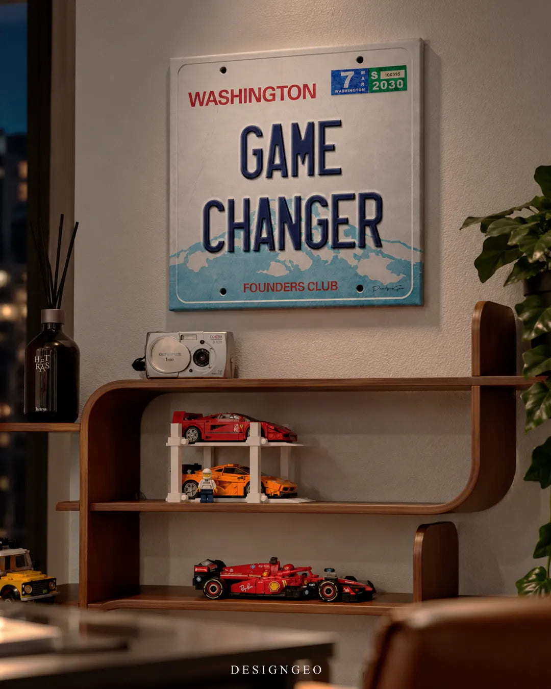 Game Changer Washington license plate motivational typography square canvas wall art mounted on wall in office above shelving unit with toy cars and decor 0.75 inch thin wrap
