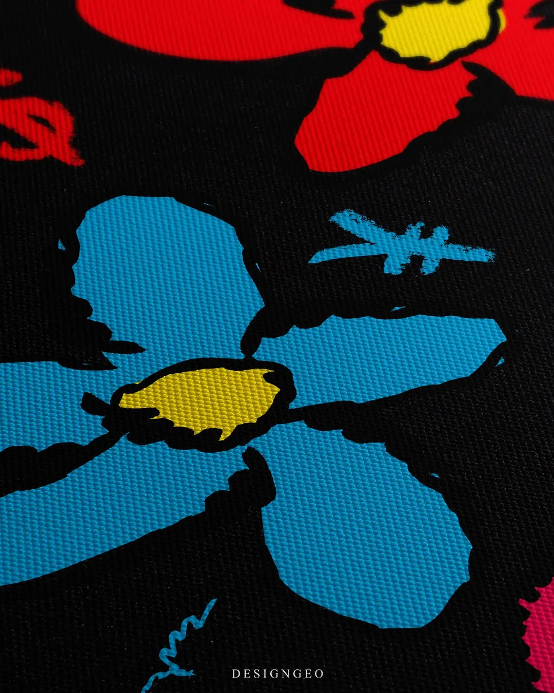 Close-up side view of a canvas wall art featuring vibrant colorful flowers with dollar signs on the petals, showing detailed canvas texture and ink saturation