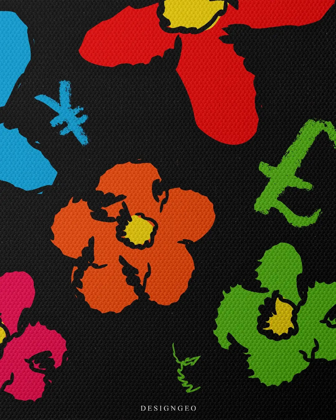 Detailed frontal shot of a pop art floral arrangement where flower petals are decorated with colorful currency symbols on a professional canvas