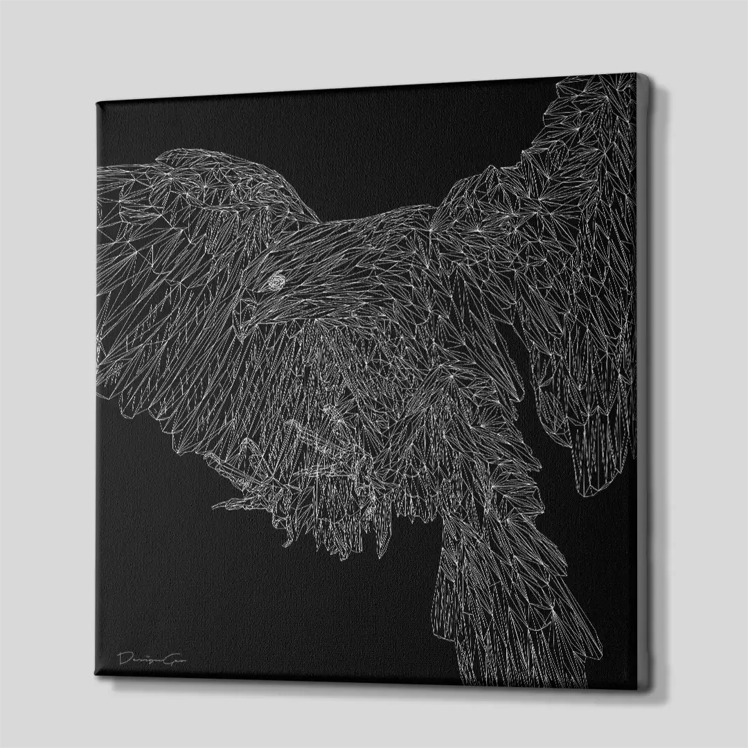 Side angle of the monochromatic geometric eagle canvas print, highlighting the high-quality gallery wrap finish and the professional 3D frame depth