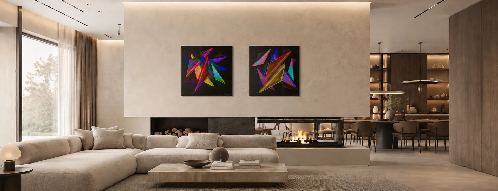 Modern open-plan luxury living room featuring a set of two square canvas prints showcasing abstract colorful geometric triangles on a black background, mounted side-by-side on a large beige wall above a linear fireplace and a cream sectional sofa