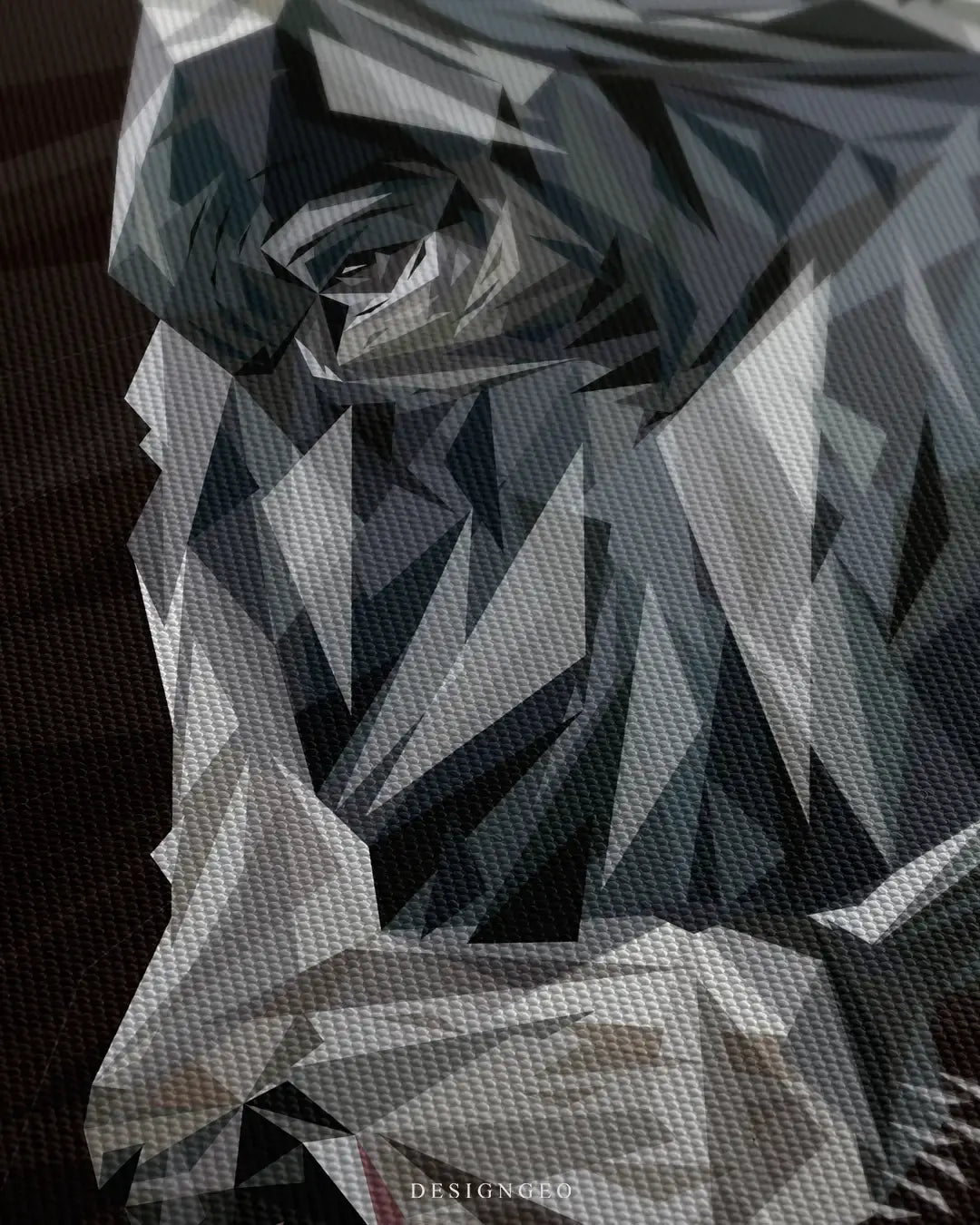 Detailed view of the Geometric Cow Portrait canvas print, showcasing the clean vector shapes, symmetric poly art patterns, and high-contrast premium print finish