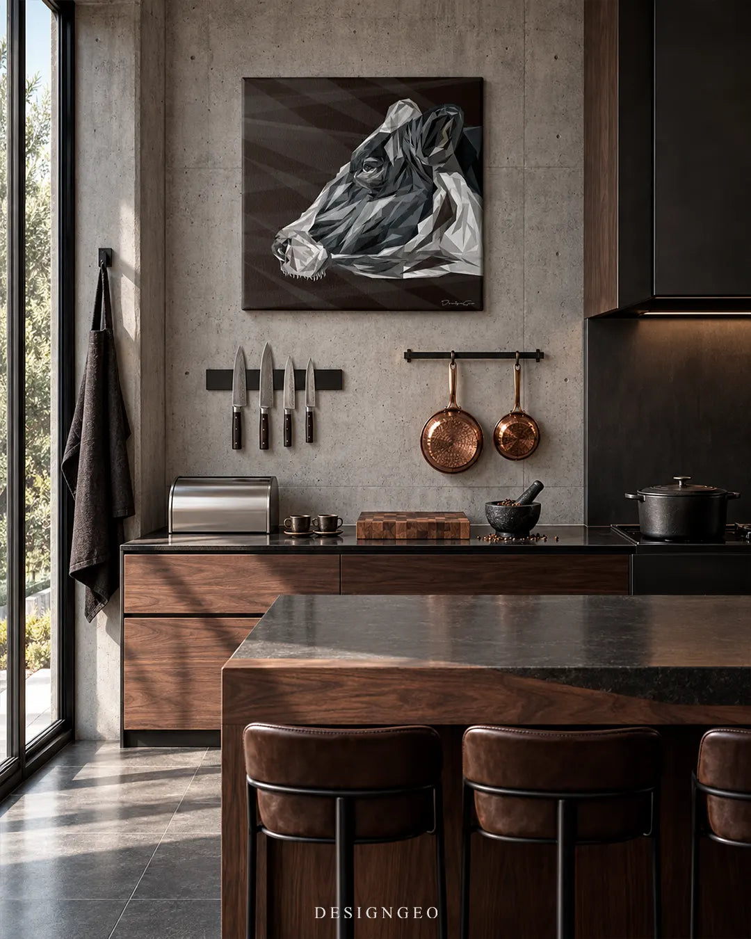 Square dark canvas print featuring a geometric low-poly cow profile mounted on a concrete wall in a modern industrial kitchen above walnut cabinets and copper cookware