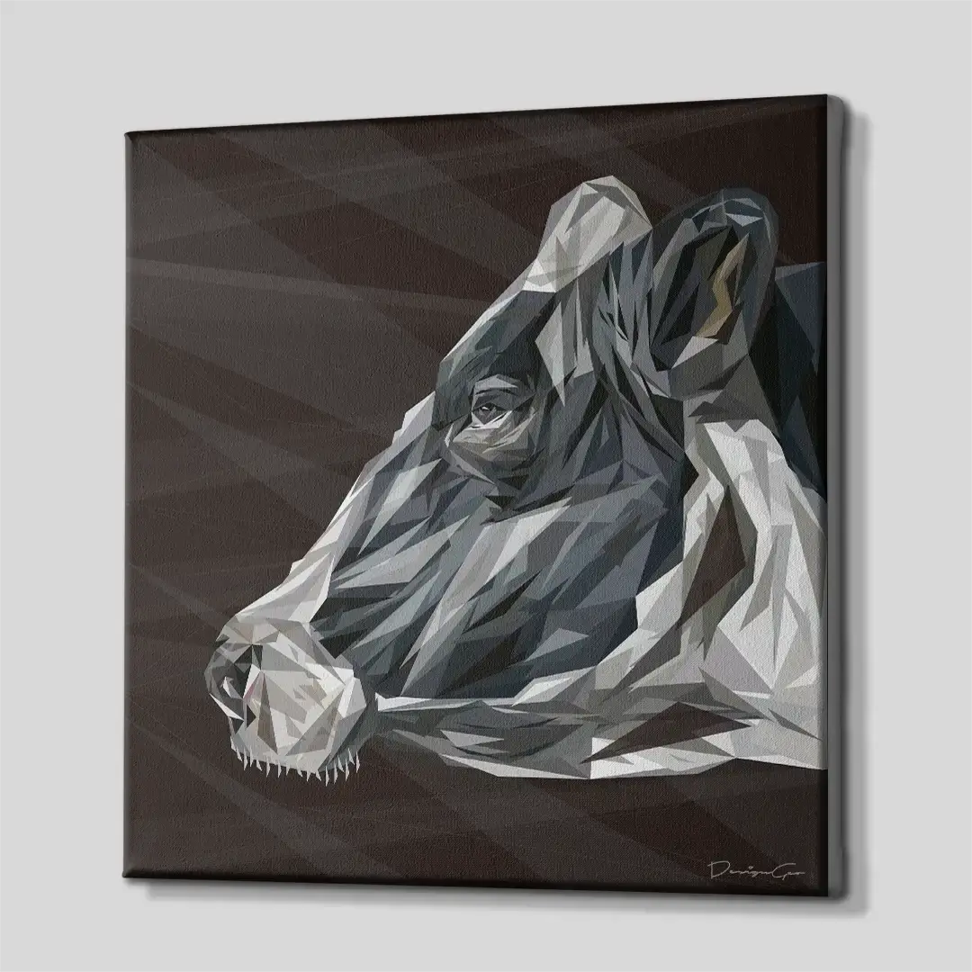 Side angle of the monochromatic geometric cow portrait canvas print, highlighting the high-quality gallery wrap finish and the professional 3D frame depth