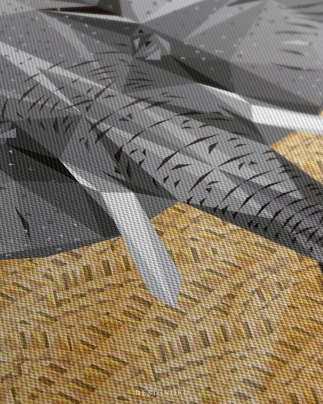 Close-up side view of a canvas wall art featuring a geometric elephant head, highlighting the intricate black line art and the premium canvas fabric texture