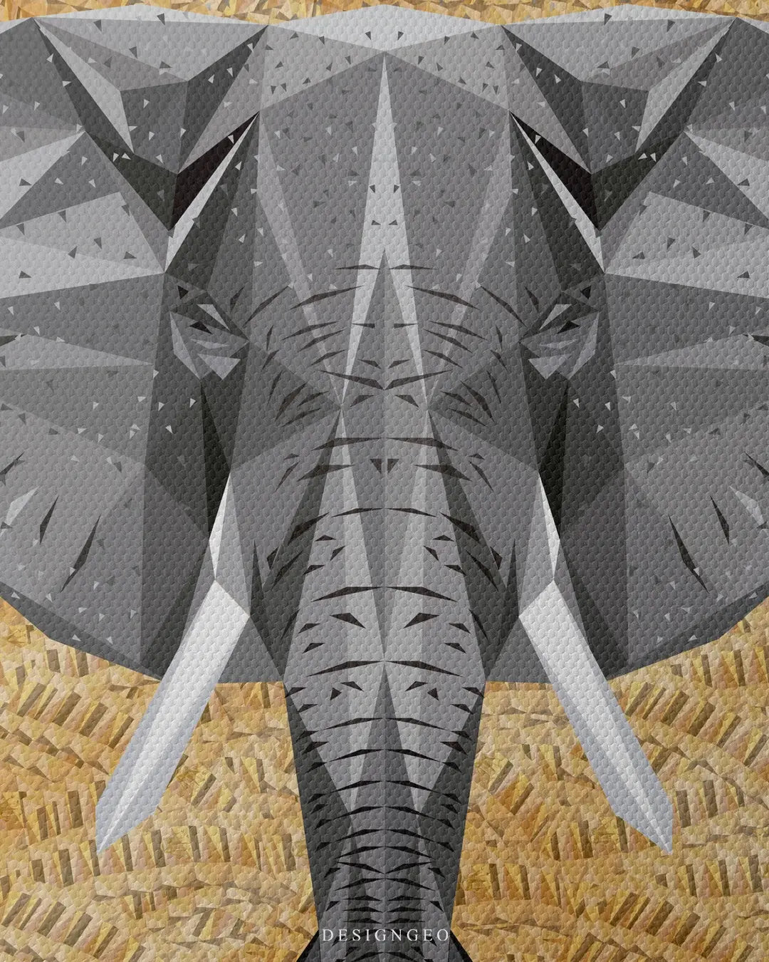 Detailed frontal shot of a minimalist elephant illustration made of geometric shapes and fine lines, printed on a high-definition gallery-wrapped canvas