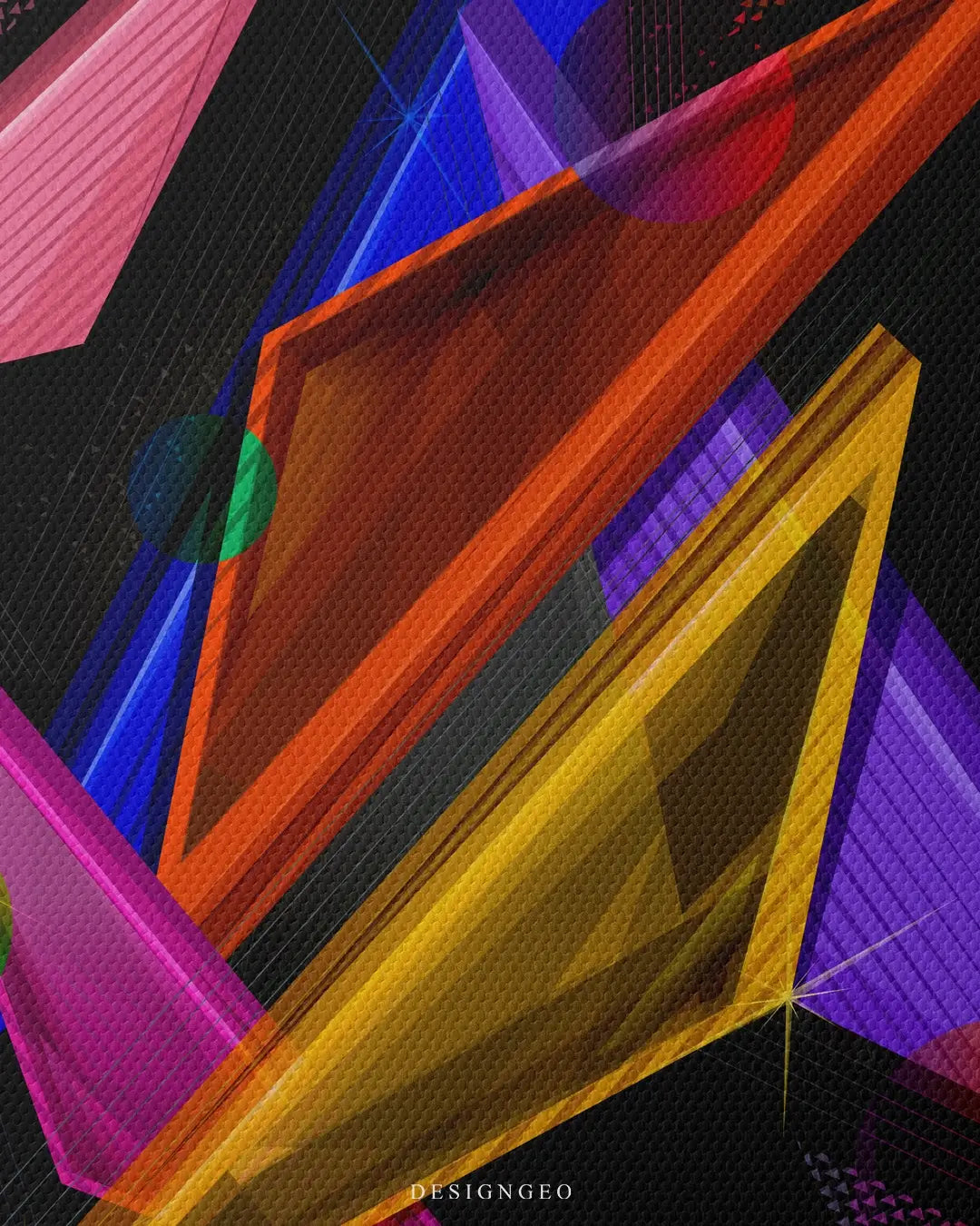 Abstract canvas illustration of floating neon geometric shapes and triangles, symbolizing energy and digital movement in a contemporary futuristic style