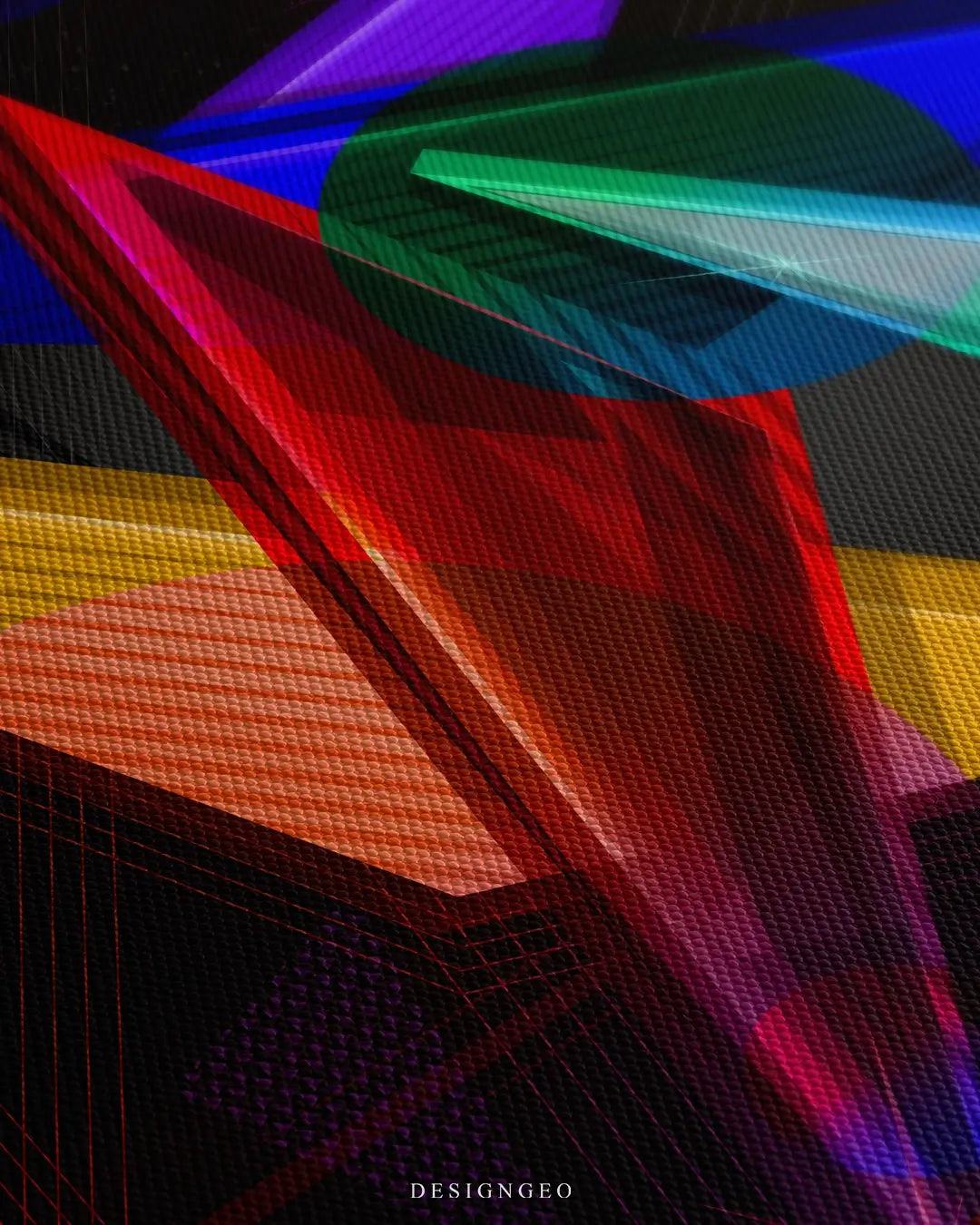 Close-up of abstract neon wall art featuring glowing blue and purple triangular shapes with a 3D glass effect on a solid black background