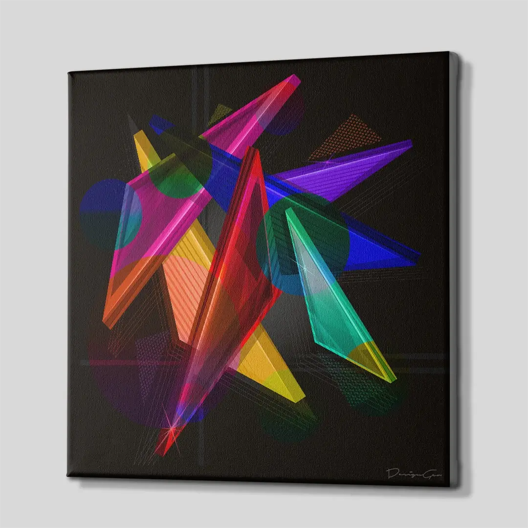Side angle of the glowing geometric polygon canvas print, highlighting the high-quality gallery wrap finish and the professional 3D frame depth