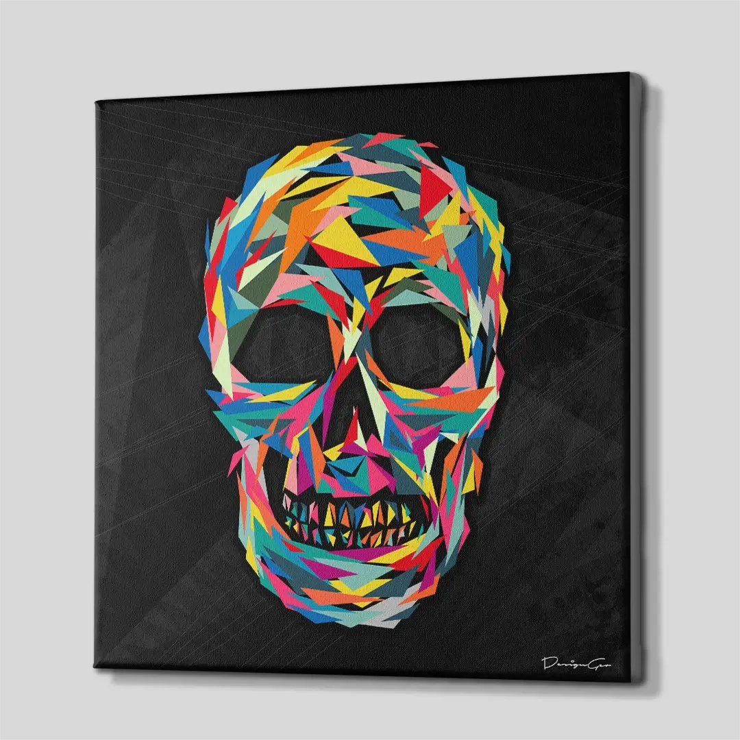 Side angle of the vibrant pop art skull canvas print, highlighting the high-quality gallery wrap finish and the professional 3D frame depth