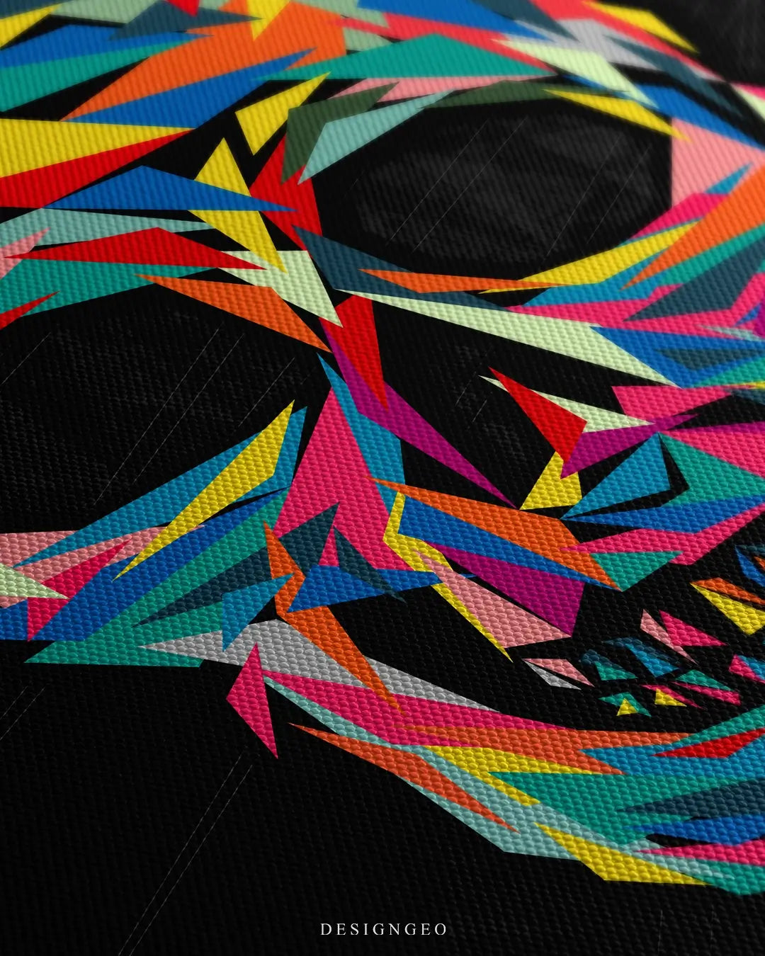 Close-up of modern pop art featuring a geometric skull made of colorful neon polygons on a minimalist solid black background