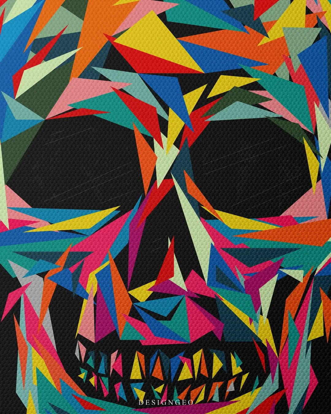 Artistic canvas illustration of a colorful low-poly skull, symbolizing the fusion of life, digital geometry, and contemporary street art style