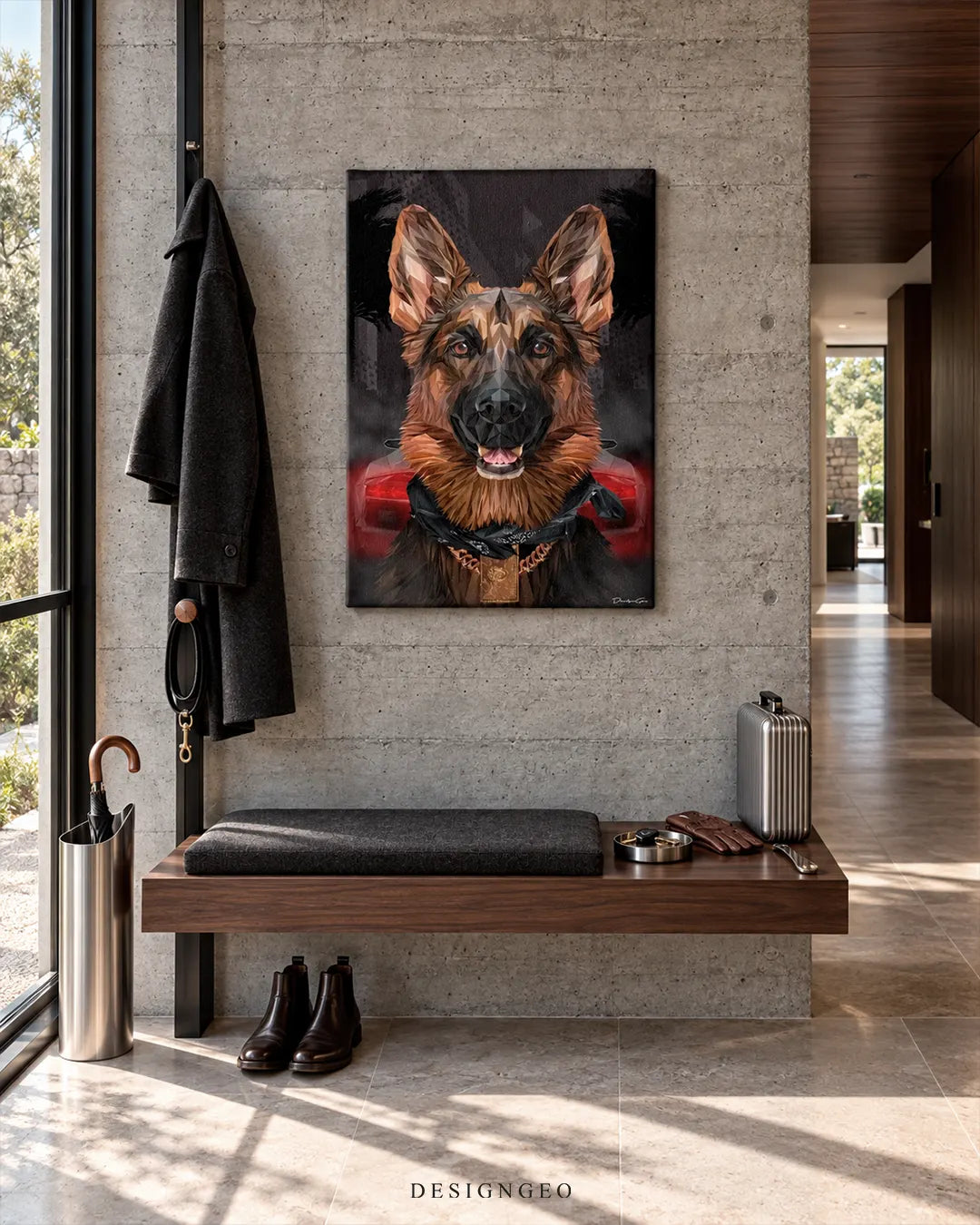 Vertical low-poly canvas print featuring a German Shepherd portrait mounted on a concrete wall in a modern entryway above a wooden bench