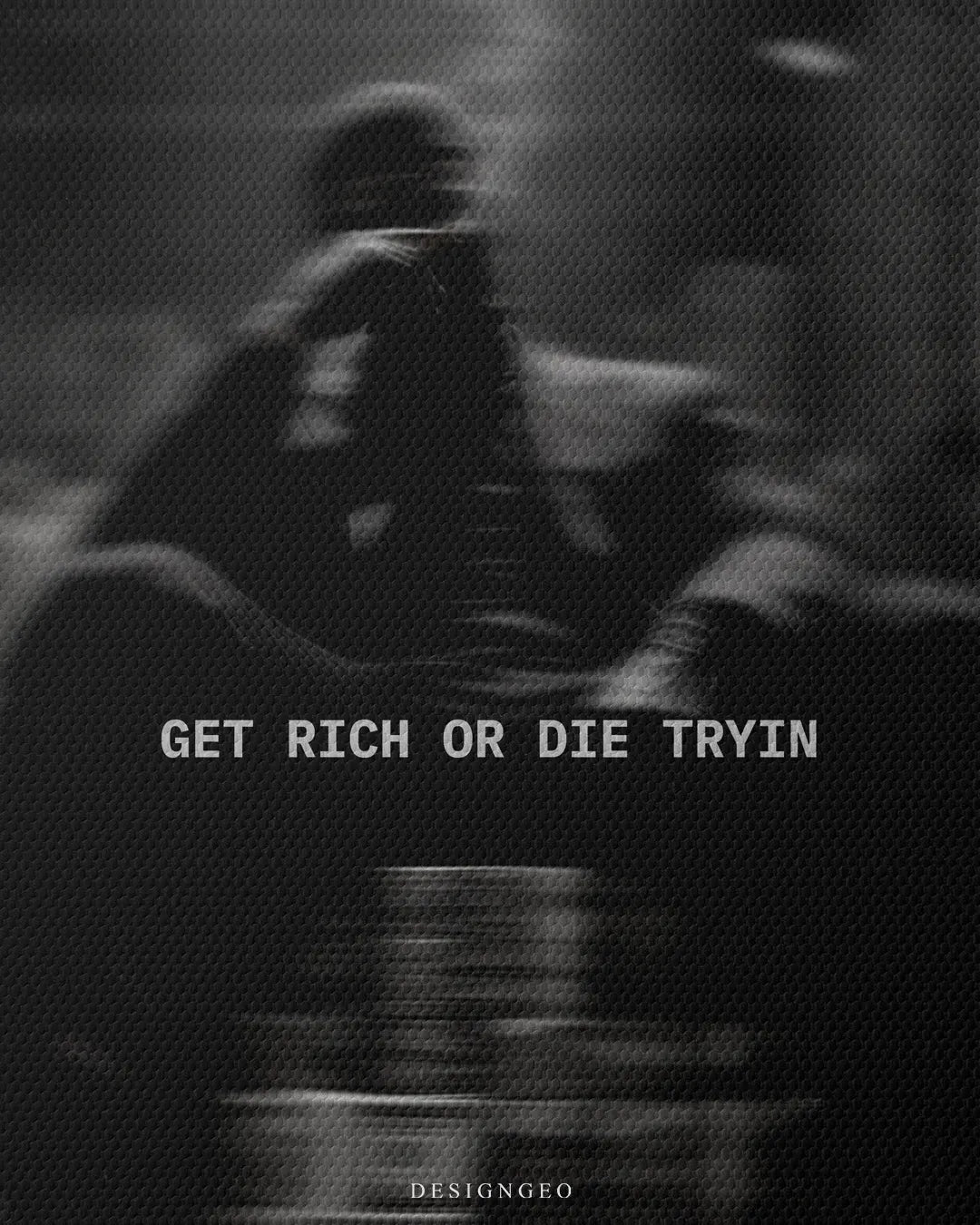Close up macro texture view of Get Rich Or Die Tryin typography quote printed on dark woven canvas above money stack vault square canvas wall art 0.75 inch thin wrap