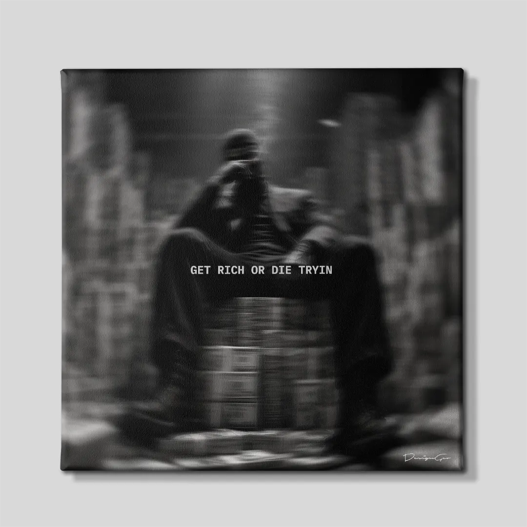 Black and white square motivational canvas wall art featuring a man seated on stacks of cash inside a bank vault filled with money under quote Get Rich Or Die Tryin 0.75 inch thin wrap