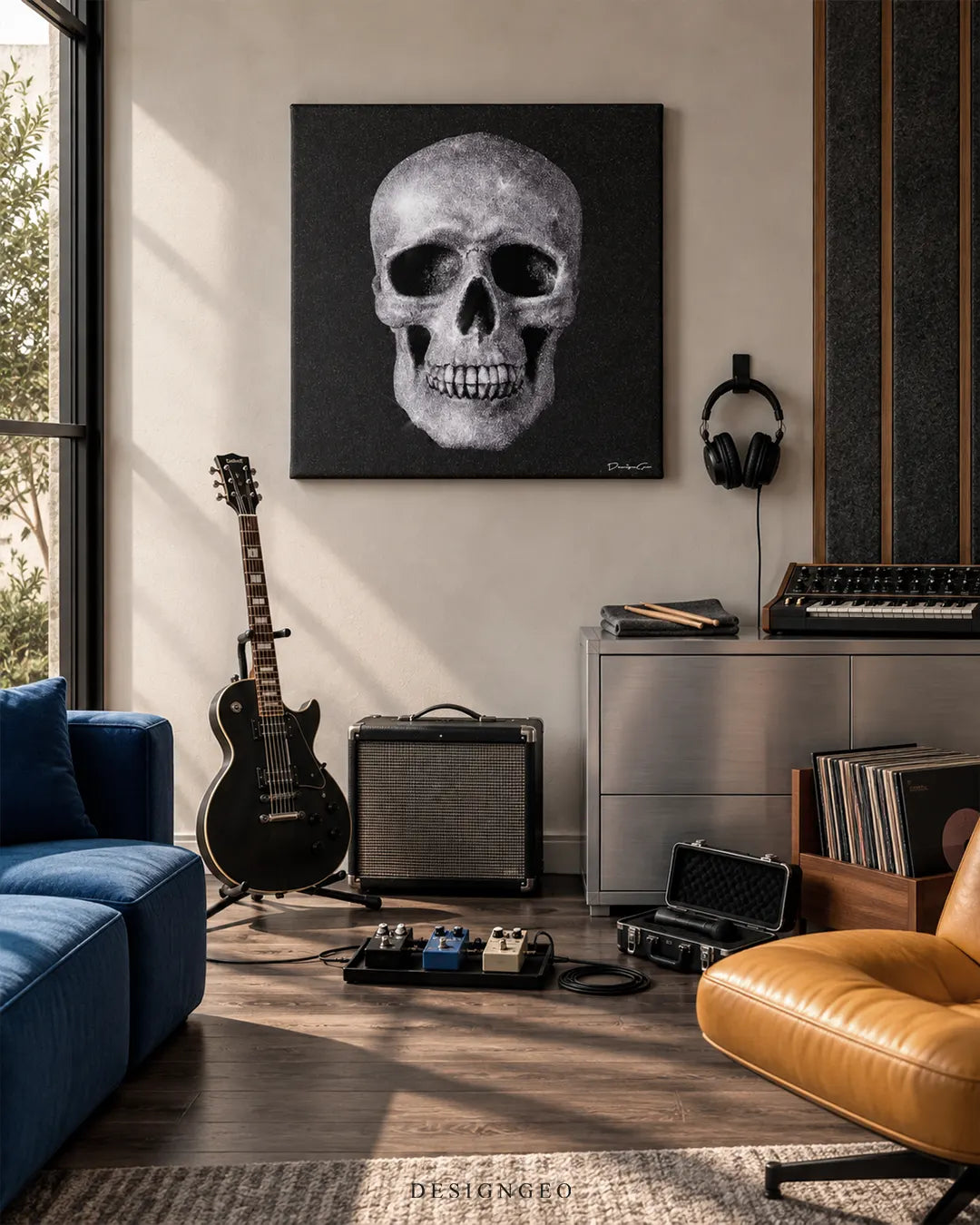 Square black canvas print featuring a sparkling silver glitter human skull mounted on a beige wall above electric guitar equipment and a metallic console in a modern studio