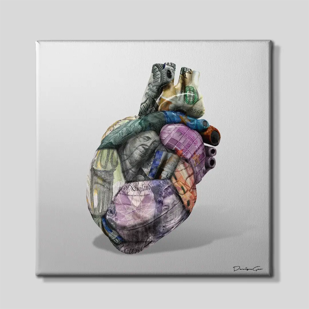 Global Currency Heart Canvas Wall Art
