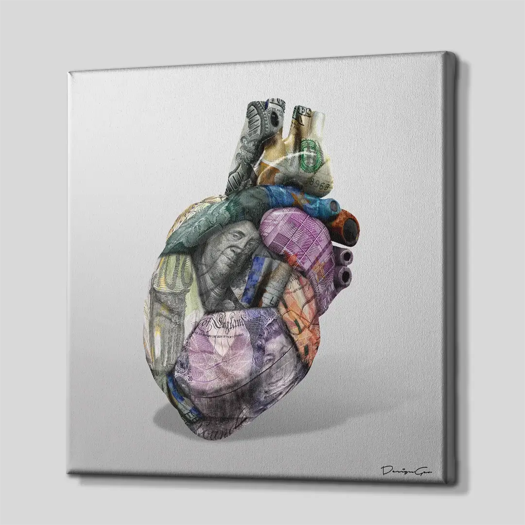 Side angle of the international currency heart canvas print, highlighting the professional gallery wrap finish and the 3D depth of the wooden frame
