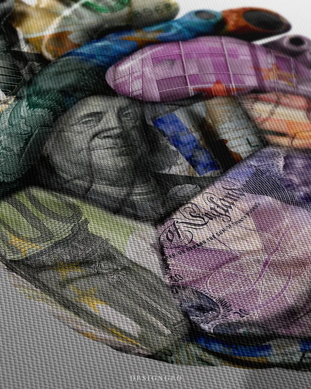 Close-up of money heart canvas art showing detailed textures of various international banknotes