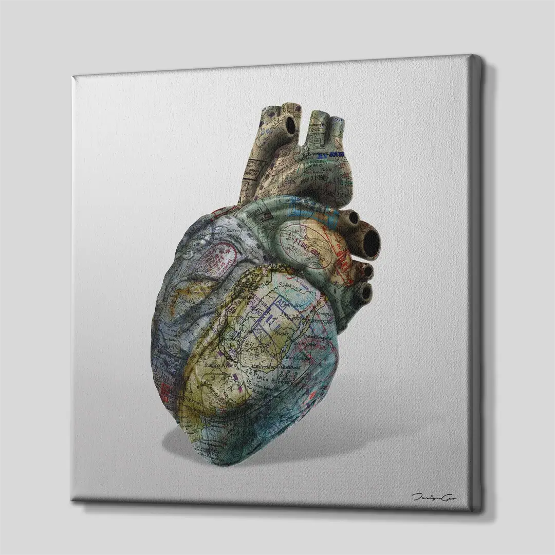 Side angle of the globetrotter heart canvas print, highlighting the high-quality gallery wrap finish and the professional 3D frame depth