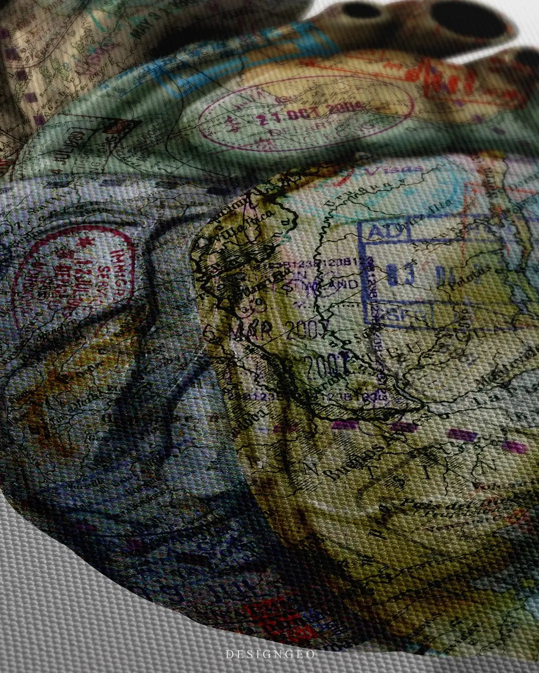 Close-up of modern travel wall art featuring a heart-shaped world map with detailed cartography on a clean white background