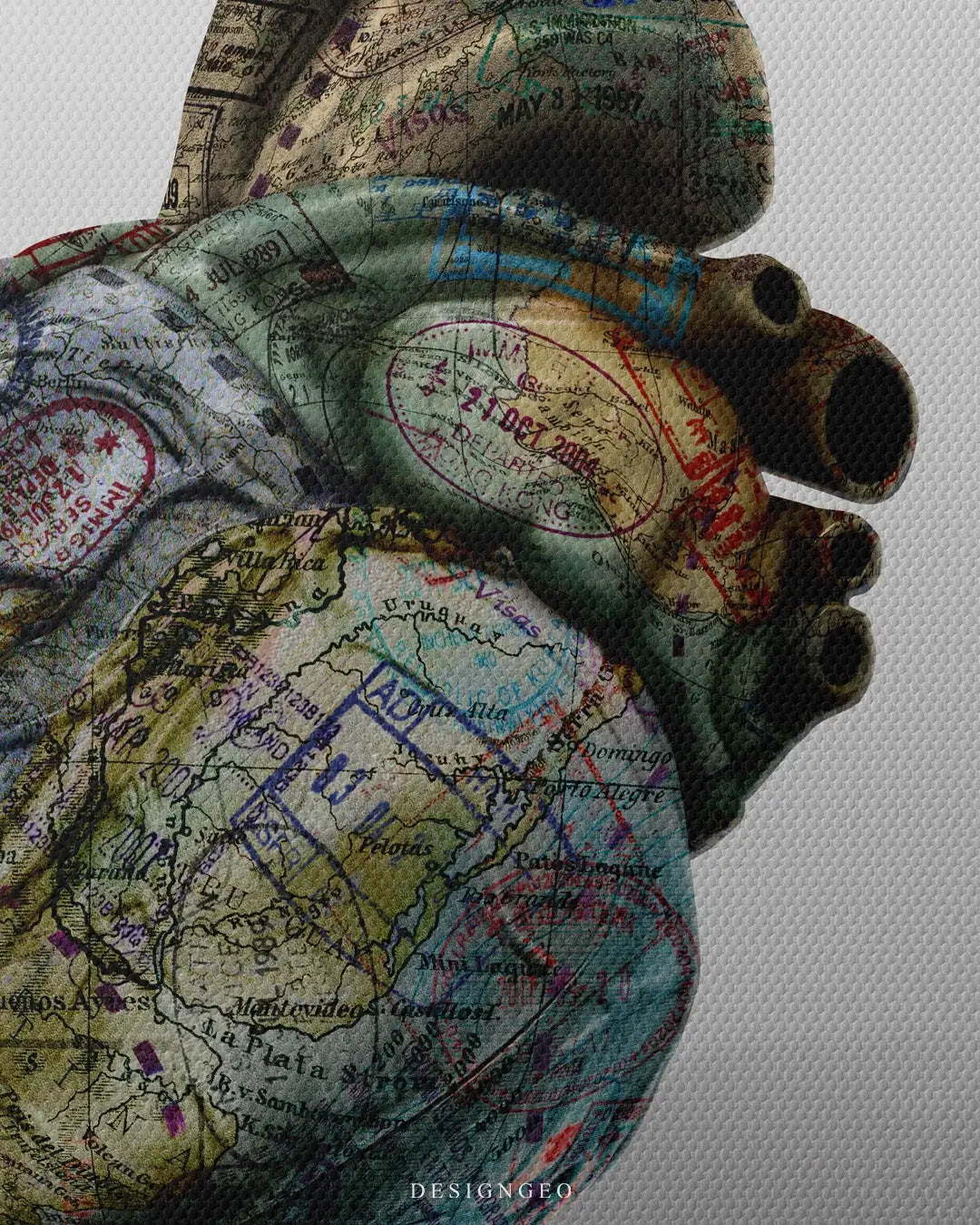 Artistic canvas illustration of a world map heart, symbolizing wanderlust, global connection, and a passion for travel in a minimalist modern style