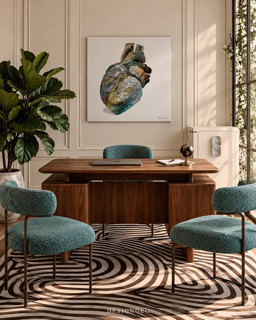 Anatomical human heart textured with vintage world map square canvas wall art displayed on a beige wall in an executive office above a wooden desk 0.75 inch thin wrap