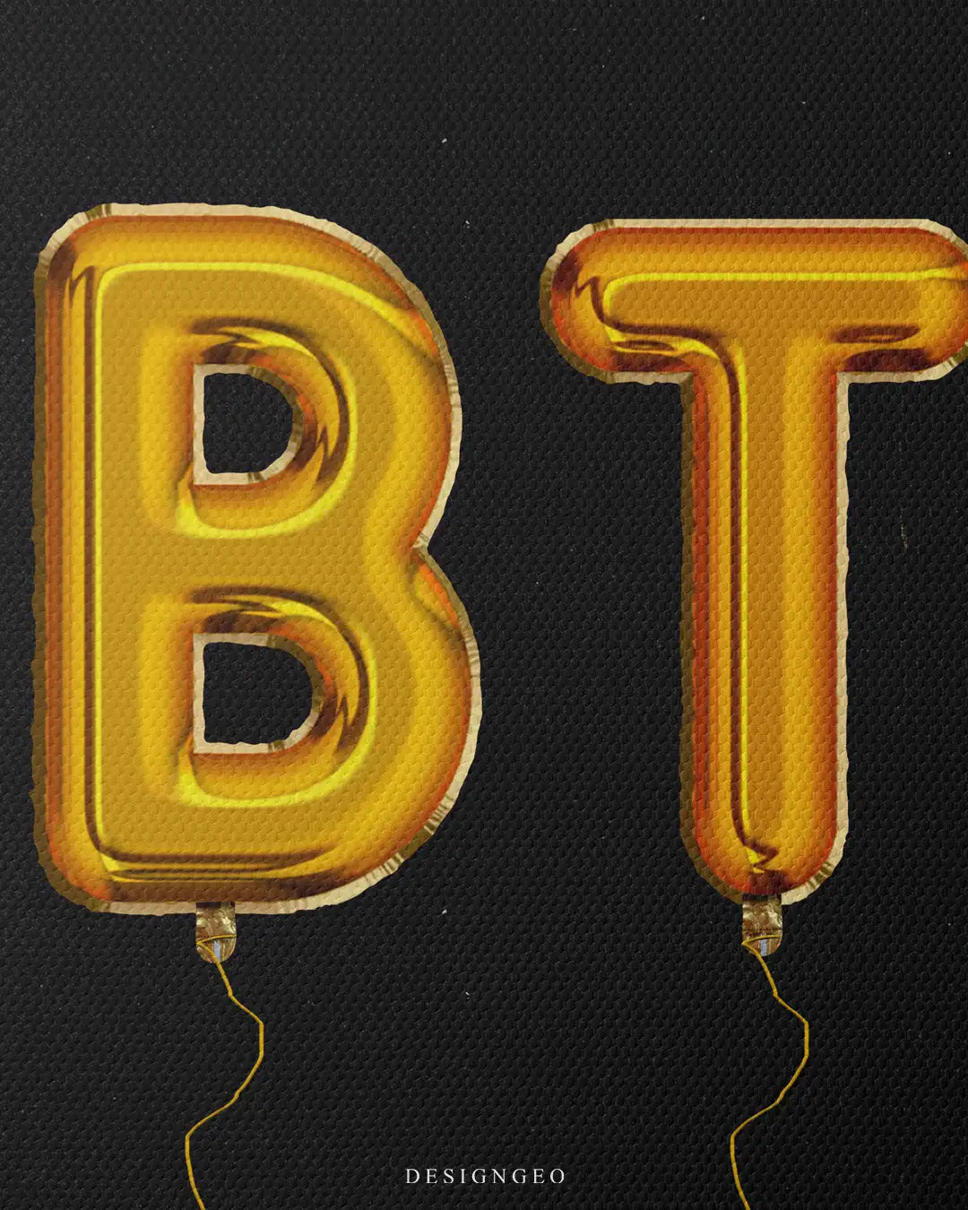 Close-up of modern crypto office decor, highlighting the metallic gold foil texture of balloon letters spelling "BT" on a premium black woven canvas backdrop