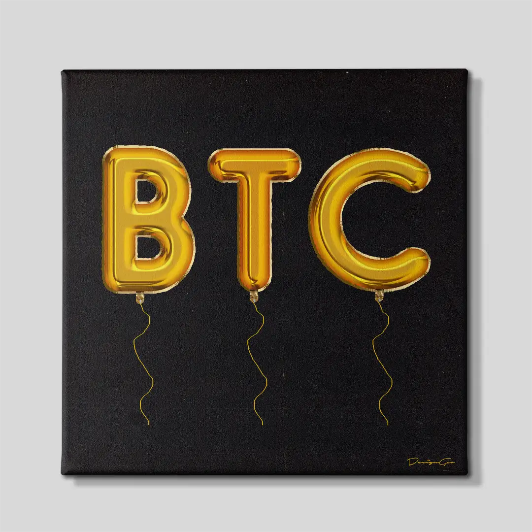 Front studio shot of the "Going Up" square canvas wall art featuring metallic gold foil balloons spelling "BTC" over a solid matte black background, ideal for financial office decor